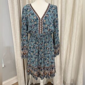 Lucky Brand Floral V-Neck Blue Dress